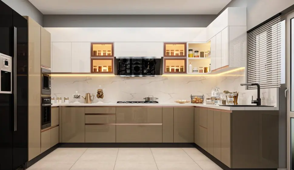 A modern kitchen with contrasting tones and a streamlined design, decorated in white and brown