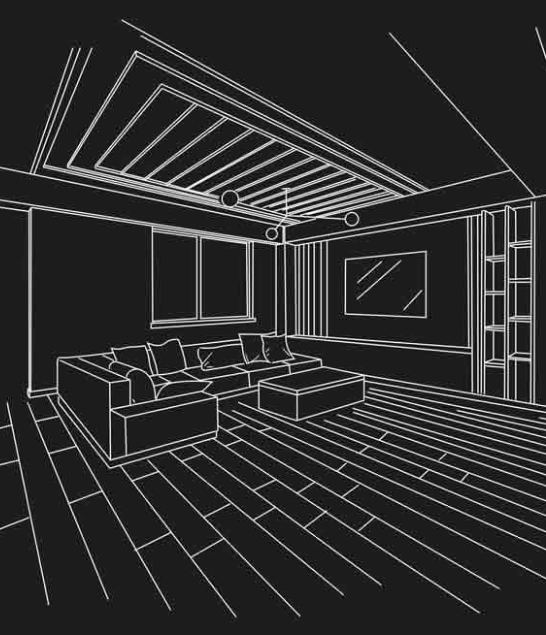 Interior design sketch of a contemporary and pleasant living area featuring a TV& a comfortable sofa