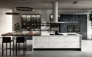 Stylish modern kitchen featuring marble countertops and black and white accents from experts.