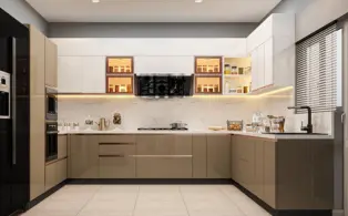 A modern kitchen with a white & brown color scheme, sleek countertops, & stainless steel appliances.