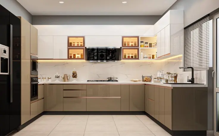 A kitchen with white and brown color scheme, sleek countertops, and stainless steel appliances.