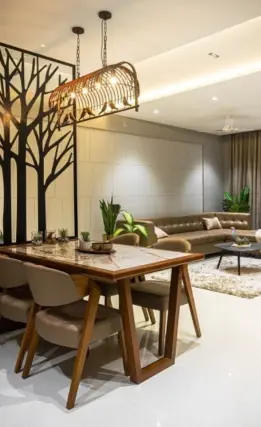 A modern living room with a sleek dining table and seats depict living and dining interior design.