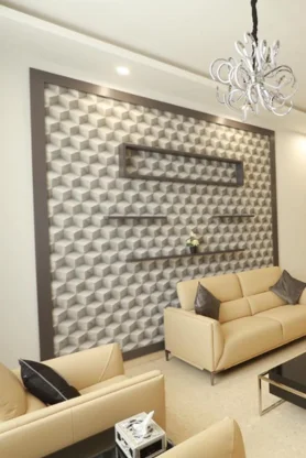 A spacious living area with a tiled wall that adds elegance and beauty to the overall design.