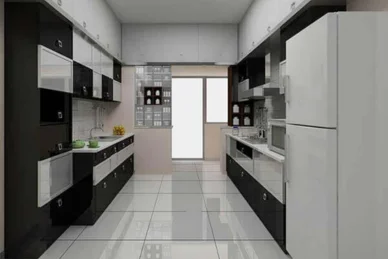 The kitchen, with black and white cabinets and white tile flooring, is suited with the design.