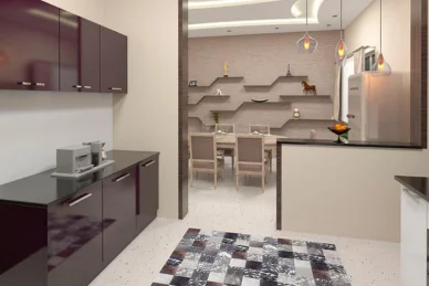 A modular kitchen interior with white and black cabinets and appliances is depicted in the image.