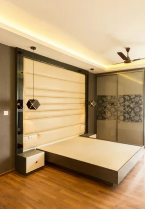 Prestige contemporary bedroom which includes an expansive bed along with oak trees floors.