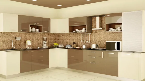 An interior kitchen with brown and white cabinets and a refrigerator functions as the main feature.