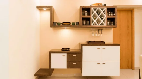 A modular interior kitchen with a small shelf and cabinet has the smallest frame in its design.