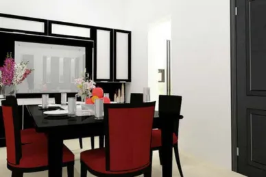 A modern interior design portfolio features a stylish dining room with sleek black and red chairs.