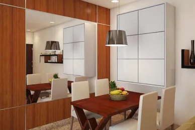 Modern dining room with wooden paneling, featuring sleek furniture and a minimalist designer work.