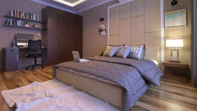 A nice bedroom with a comfy bed, a sleek desk, and a trendy lamp creates a warm atmosphere.