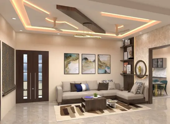A 3D rendering of a contemporary living room featuring sleek furniture and modern decor and design.