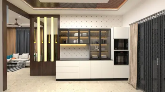A modern kitchen interior design with cabinets and a white wall provides a pleasing appearance.