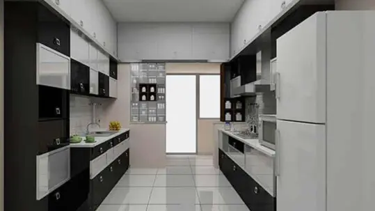 a stylish kitchen showcasing black & white cabinets, along with a chic color scheme & elegant finish
