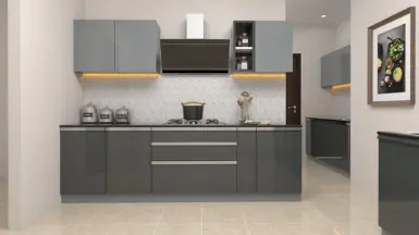 Modern kitchen with sleek gray cabinets featuring a chimney & attapted kitchen theme Picture in wall