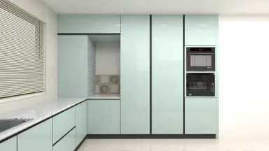 green cabinets and white walls create a vibrant atmosphere, complemented by a window & microwave.