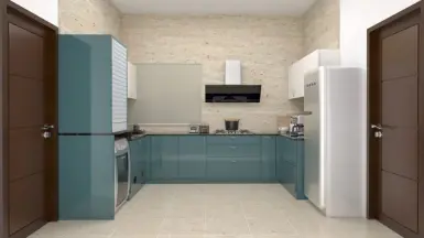 a kitchen with blue cabinets and white appliances and designed in between two maroon colour doors