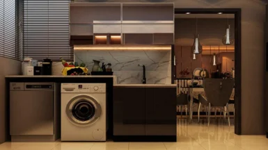 A washing machine and sink make a practical kitchen setup, allowing for cleaning and laundry tasks.