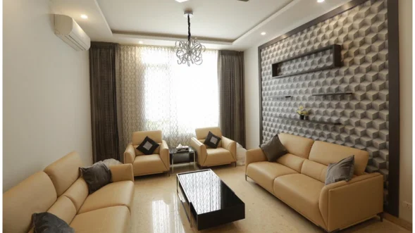 Contemporary living space featuring brown furnishings including a wardrobe specifically designed.