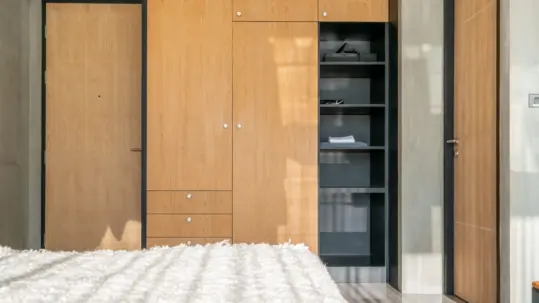 The internal layout of this bedroom includes a wall-mounted wardrobe, a closet, a door, and a bed.