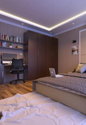 A contemporary architectural design bedroom incorporating a workspace along with mattress.