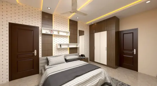 The fan and bed in the room add to its appeal, along with the interior of the wardrobe as well.