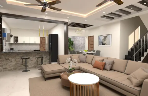 The flawless interior decor of A modern living area with a ceiling fan, coffee table, and sofa.