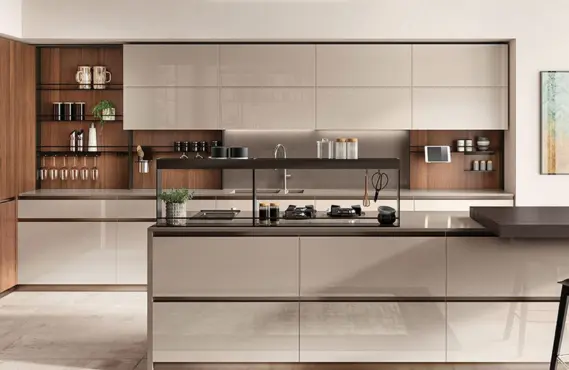 A modular kitchen's interior design exudes elegance with its large island and wood cabinetry.