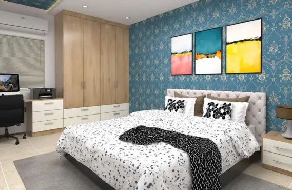 The bedroom's interior design & decoration include a comfortable bed and sleek wardrobe designs.