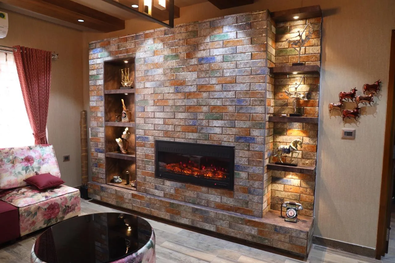 Brick fireplace wall detail